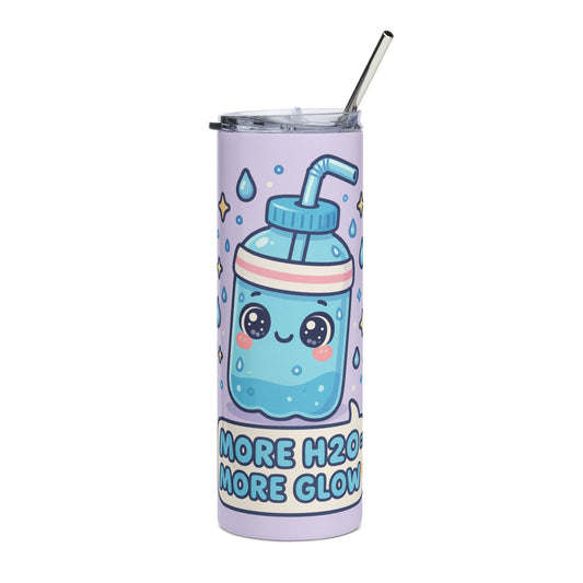 Cute Kawaii Tumbler, 20oz Water Bottle, More H2O More Glow Travel Mug, Fun Gift for Kids, Hydration Reminder, Adorable Drinkware